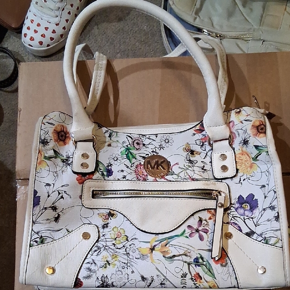 Michael Kors Handbags - Michael Kors White Floral Leather Satchel with Gold Hardware